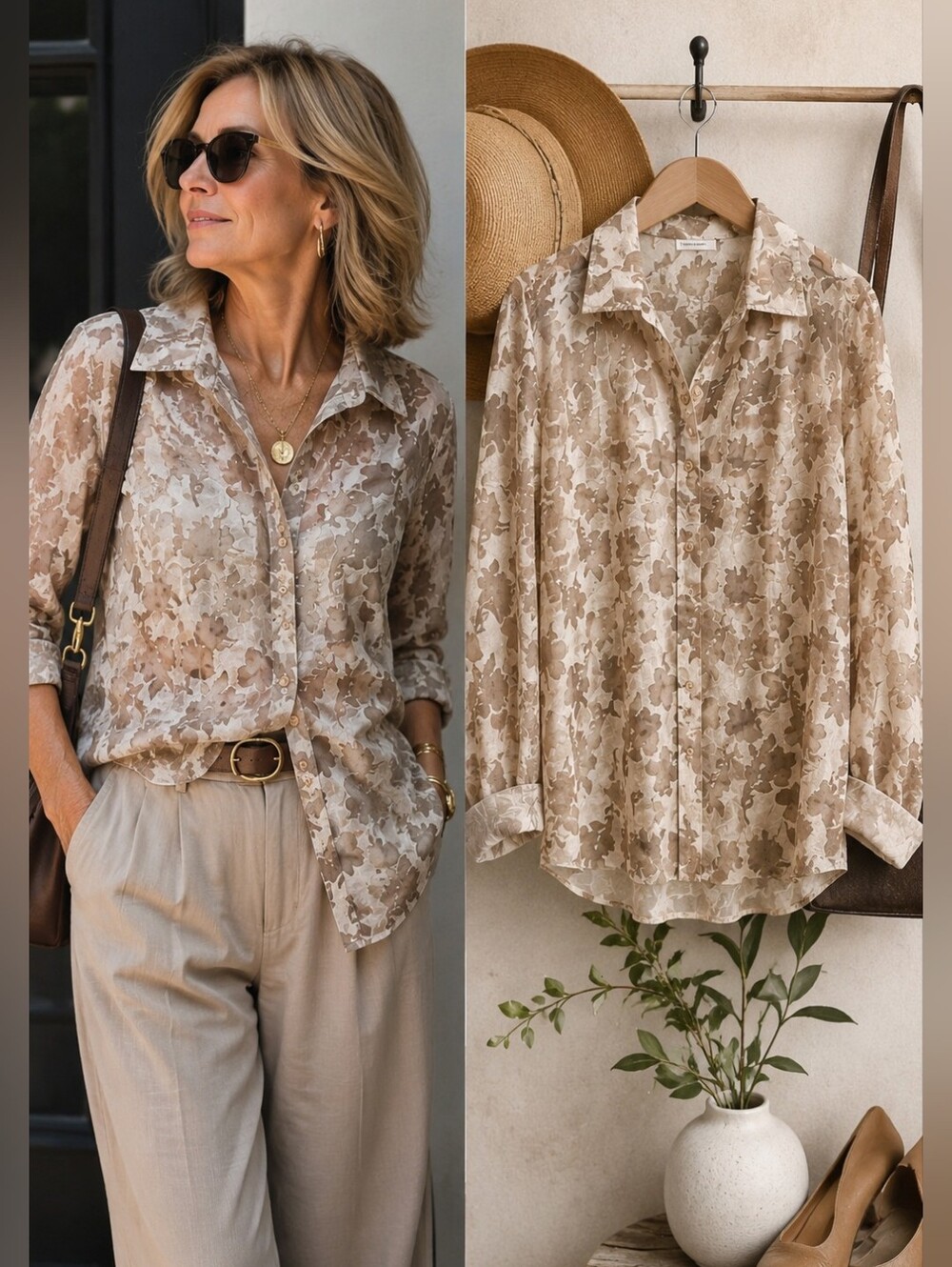 Joseph Ribkoff Vintage Sheer Floral Blouse Jacket Champagne Taupe Button Front